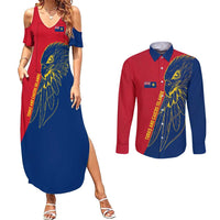 Turks and Caicos Islands Couples Matching Summer Maxi Dress and Long Sleeve Button Shirt with Yellow Hawk Outline and Red Blue Crest Design - Wonder Print Shop