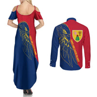 Turks and Caicos Islands Couples Matching Summer Maxi Dress and Long Sleeve Button Shirt with Yellow Hawk Outline and Red Blue Crest Design - Wonder Print Shop