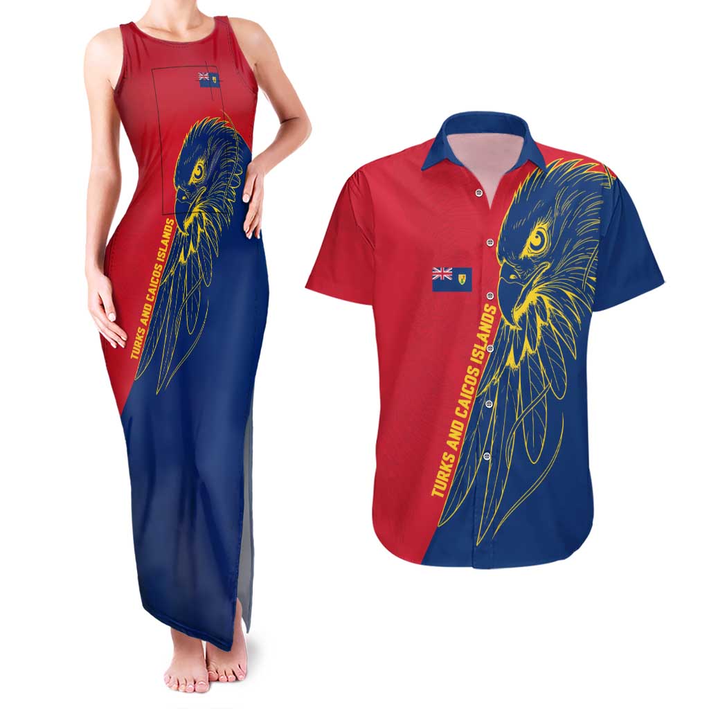 Turks and Caicos Islands Couples Matching Tank Maxi Dress and Hawaiian Shirt with Yellow Hawk Outline and Red Blue Crest Design - Wonder Print Shop