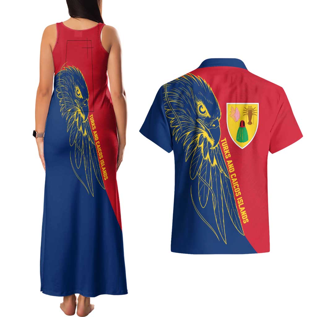 Turks and Caicos Islands Couples Matching Tank Maxi Dress and Hawaiian Shirt with Yellow Hawk Outline and Red Blue Crest Design - Wonder Print Shop