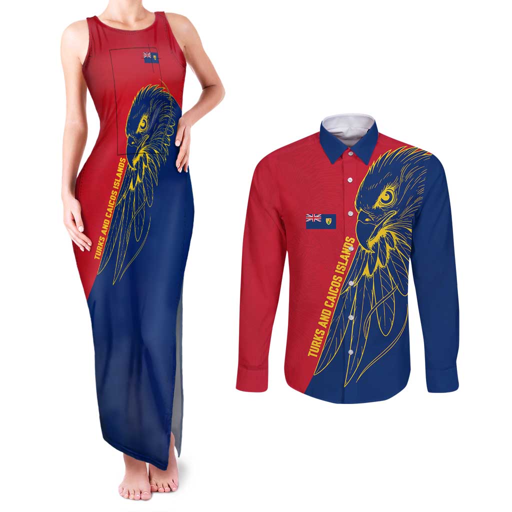 Turks and Caicos Islands Couples Matching Tank Maxi Dress and Long Sleeve Button Shirt with Yellow Hawk Outline and Red Blue Crest Design - Wonder Print Shop