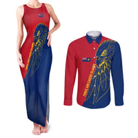 Turks and Caicos Islands Couples Matching Tank Maxi Dress and Long Sleeve Button Shirt with Yellow Hawk Outline and Red Blue Crest Design - Wonder Print Shop