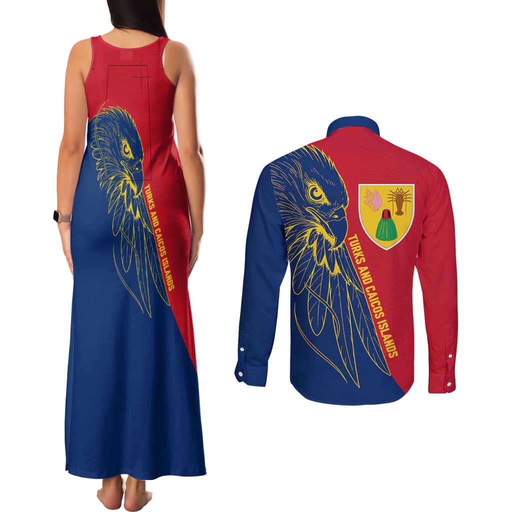 Turks and Caicos Islands Couples Matching Tank Maxi Dress and Long Sleeve Button Shirt with Yellow Hawk Outline and Red Blue Crest Design - Wonder Print Shop