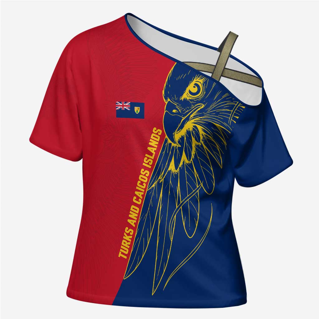 Turks and Caicos Islands Cross Shoulder Shirt with Yellow Hawk Outline and Red Blue Crest Design - Wonder Print Shop