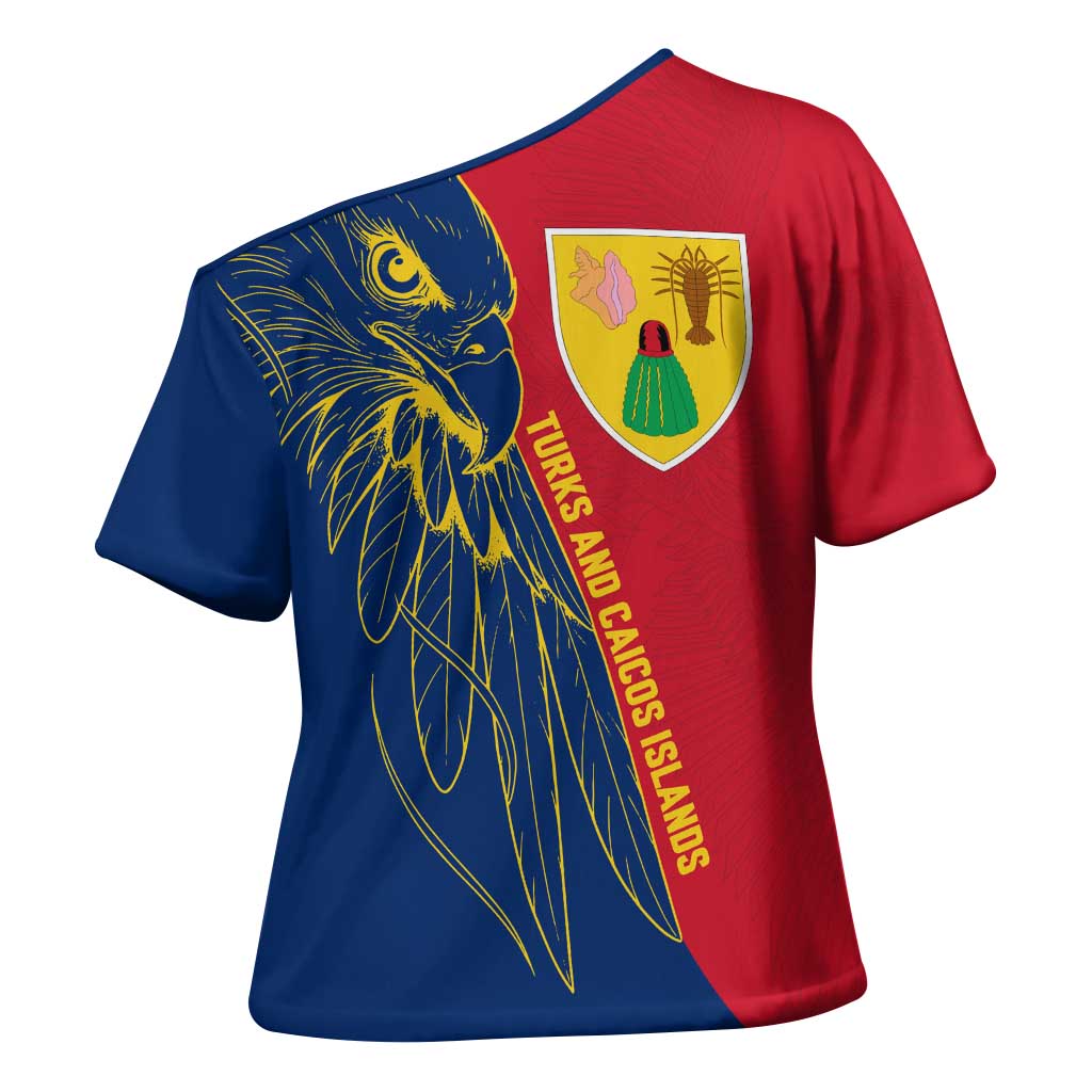 Turks and Caicos Islands Cross Shoulder Shirt with Yellow Hawk Outline and Red Blue Crest Design - Wonder Print Shop