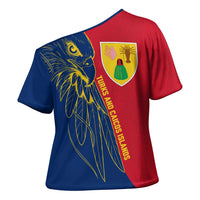 Turks and Caicos Islands Cross Shoulder Shirt with Yellow Hawk Outline and Red Blue Crest Design - Wonder Print Shop