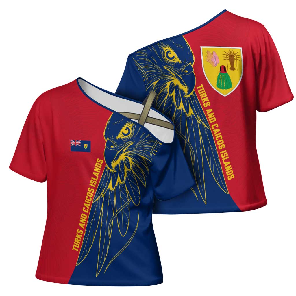 Turks and Caicos Islands Cross Shoulder Shirt with Yellow Hawk Outline and Red Blue Crest Design - Wonder Print Shop