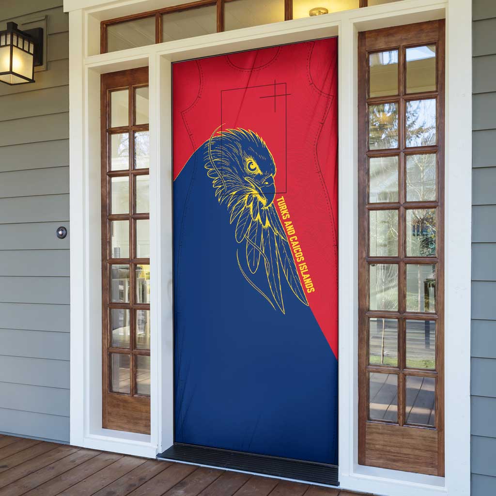 Turks and Caicos Islands Door Cover with Yellow Hawk Outline and Red Blue Crest Design - Wonder Print Shop