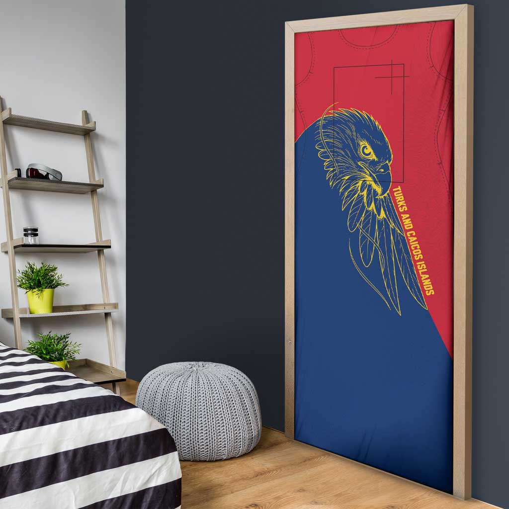 Turks and Caicos Islands Door Cover with Yellow Hawk Outline and Red Blue Crest Design - Wonder Print Shop