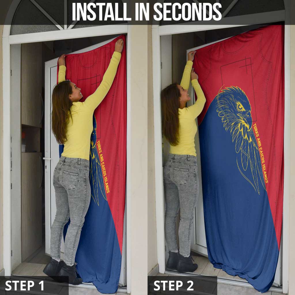 Turks and Caicos Islands Door Cover with Yellow Hawk Outline and Red Blue Crest Design - Wonder Print Shop