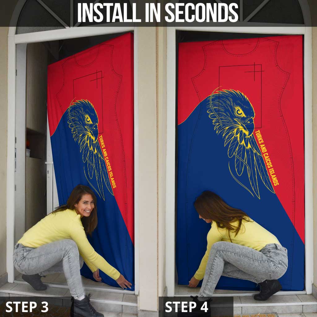 Turks and Caicos Islands Door Cover with Yellow Hawk Outline and Red Blue Crest Design - Wonder Print Shop