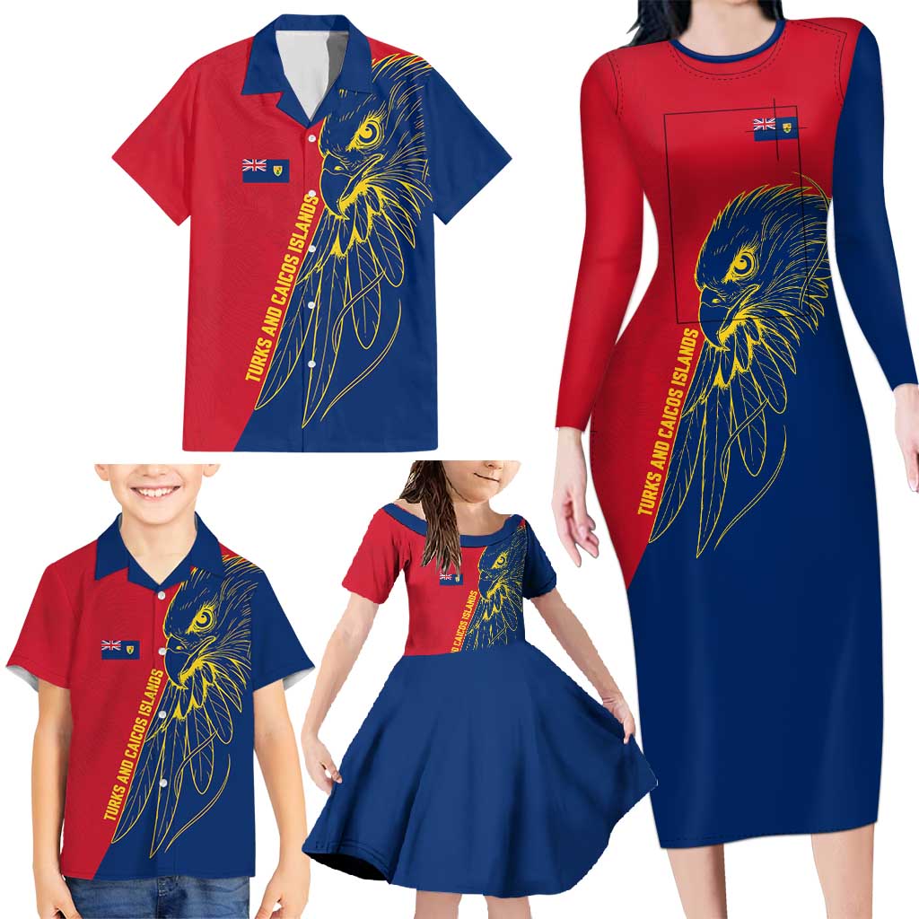 Turks and Caicos Islands Family Matching Long Sleeve Bodycon Dress and Hawaiian Shirt with Yellow Hawk Outline and Red Blue Crest Design - Wonder Print Shop