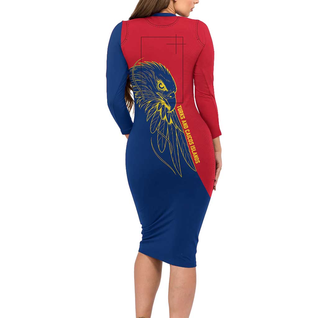 Turks and Caicos Islands Family Matching Long Sleeve Bodycon Dress and Hawaiian Shirt with Yellow Hawk Outline and Red Blue Crest Design - Wonder Print Shop