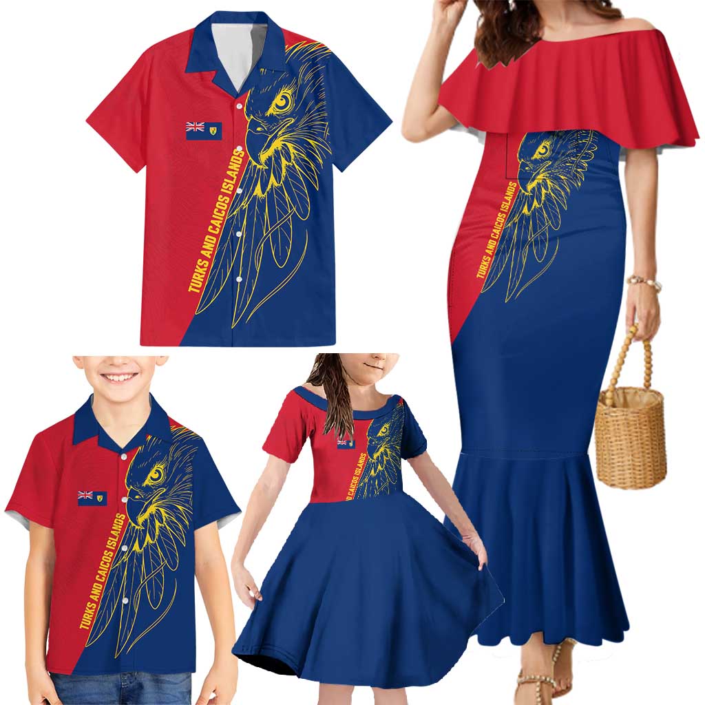 Turks and Caicos Islands Family Matching Mermaid Dress and Hawaiian Shirt with Yellow Hawk Outline and Red Blue Crest Design - Wonder Print Shop