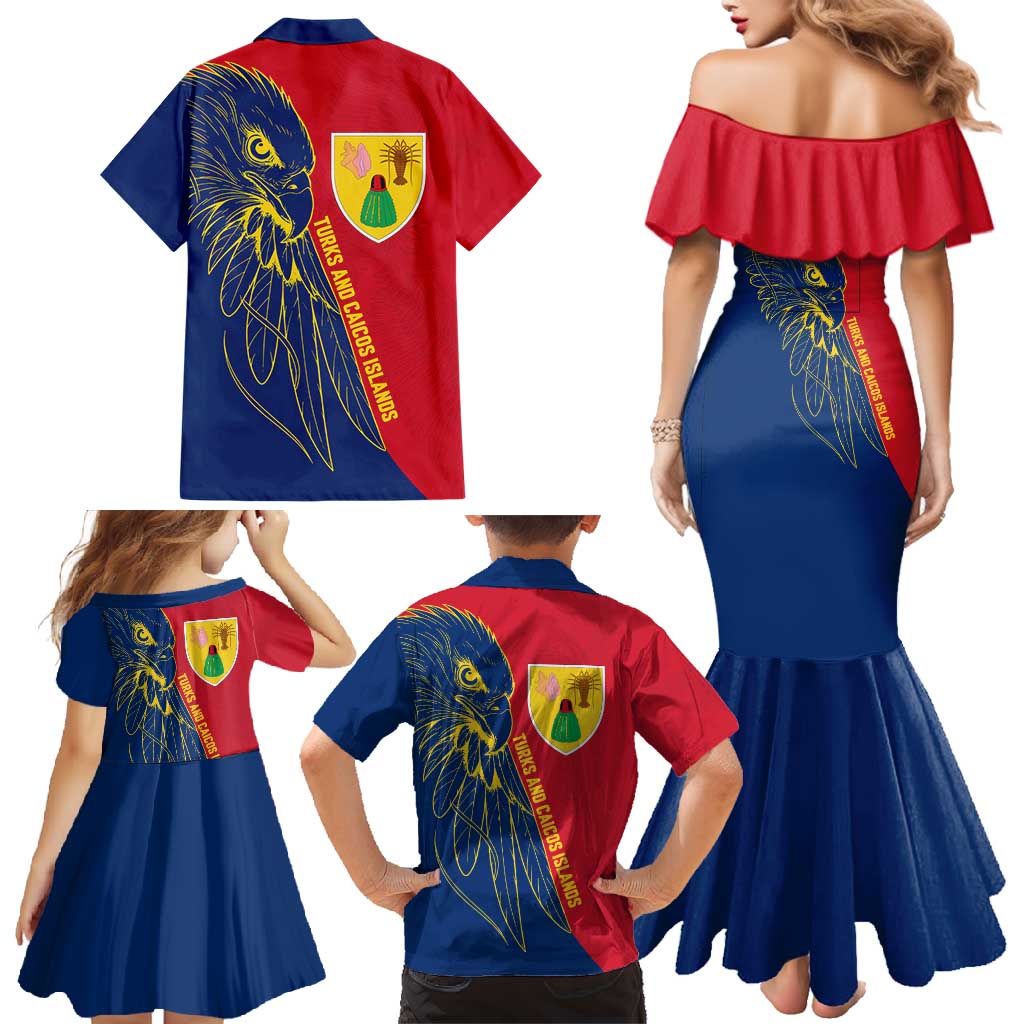 Turks and Caicos Islands Family Matching Mermaid Dress and Hawaiian Shirt with Yellow Hawk Outline and Red Blue Crest Design - Wonder Print Shop