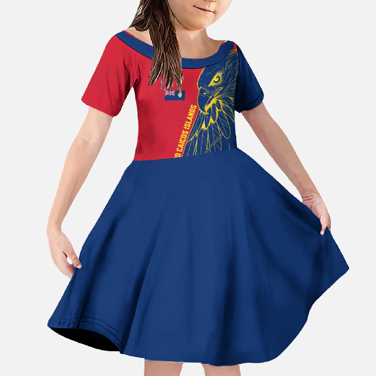 Turks and Caicos Islands Family Matching Off The Shoulder Long Sleeve Dress and Hawaiian Shirt with Yellow Hawk Outline and Red Blue Crest Design - Wonder Print Shop