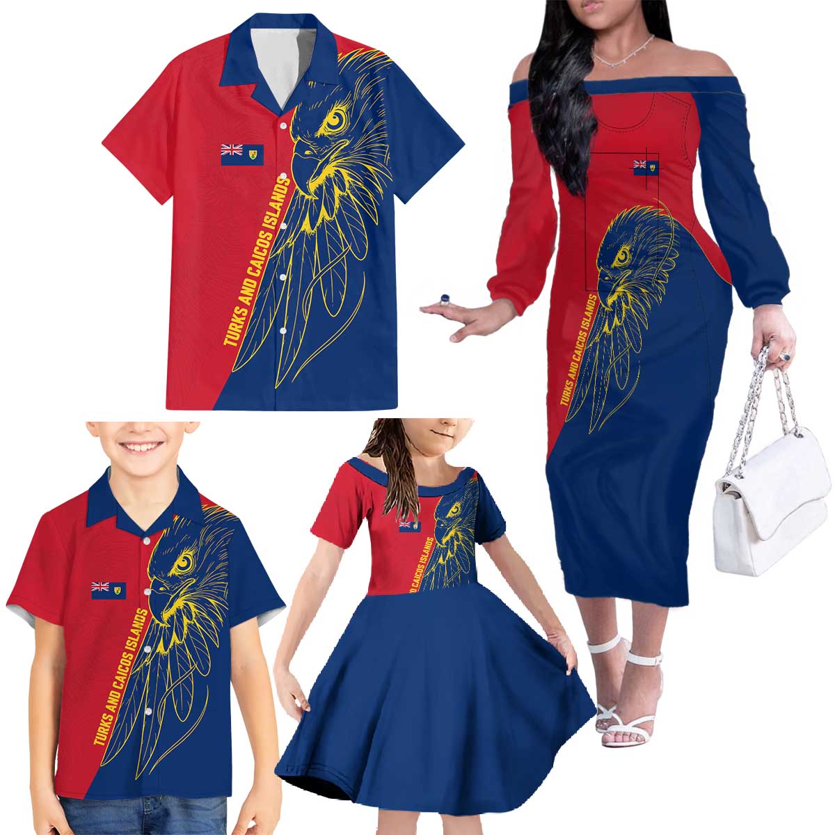 Turks and Caicos Islands Family Matching Off The Shoulder Long Sleeve Dress and Hawaiian Shirt with Yellow Hawk Outline and Red Blue Crest Design - Wonder Print Shop