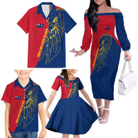 Turks and Caicos Islands Family Matching Off The Shoulder Long Sleeve Dress and Hawaiian Shirt with Yellow Hawk Outline and Red Blue Crest Design - Wonder Print Shop