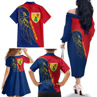 Turks and Caicos Islands Family Matching Off The Shoulder Long Sleeve Dress and Hawaiian Shirt with Yellow Hawk Outline and Red Blue Crest Design - Wonder Print Shop