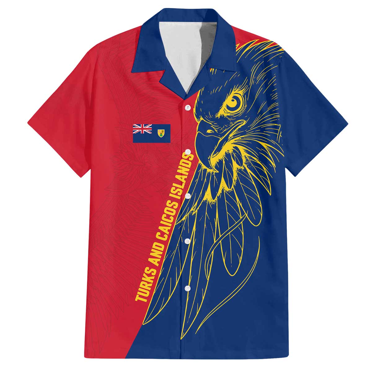 Turks and Caicos Islands Family Matching Off The Shoulder Long Sleeve Dress and Hawaiian Shirt with Yellow Hawk Outline and Red Blue Crest Design - Wonder Print Shop