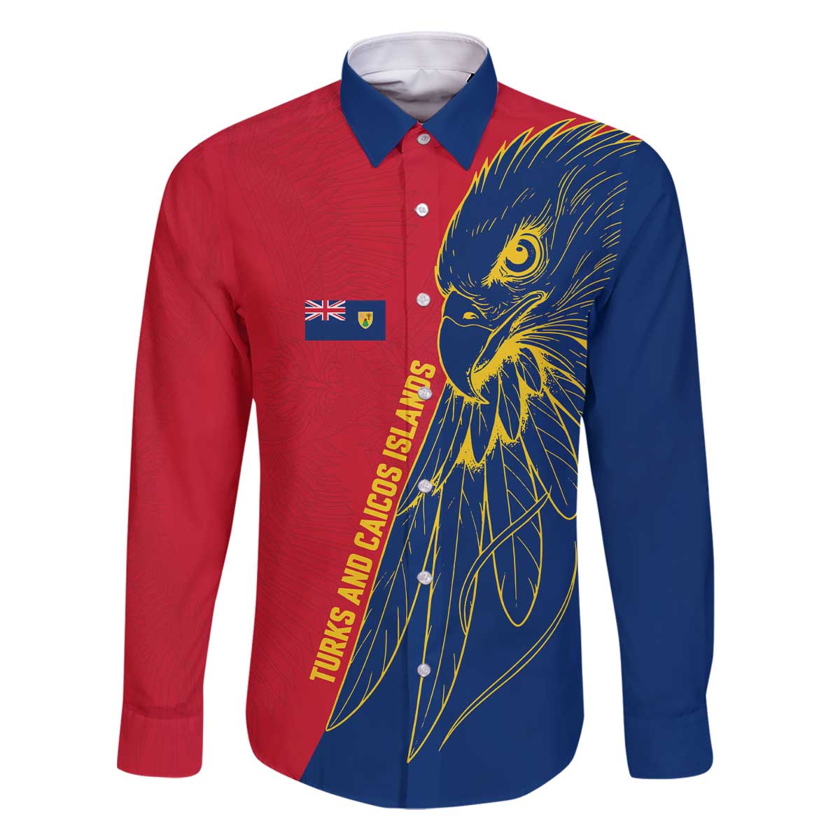 Turks and Caicos Islands Family Matching Off The Shoulder Long Sleeve Dress and Hawaiian Shirt with Yellow Hawk Outline and Red Blue Crest Design - Wonder Print Shop