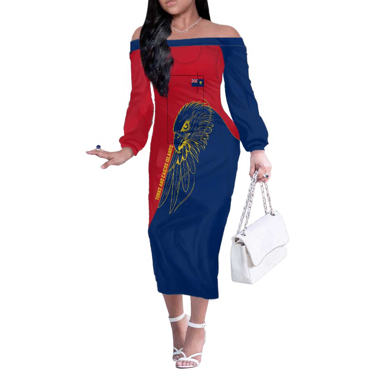 Turks and Caicos Islands Family Matching Off The Shoulder Long Sleeve Dress and Hawaiian Shirt with Yellow Hawk Outline and Red Blue Crest Design - Wonder Print Shop