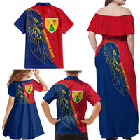 Turks and Caicos Islands Family Matching Off Shoulder Maxi Dress and Hawaiian Shirt with Yellow Hawk Outline and Red Blue Crest Design - Wonder Print Shop