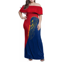 Turks and Caicos Islands Family Matching Off Shoulder Maxi Dress and Hawaiian Shirt with Yellow Hawk Outline and Red Blue Crest Design - Wonder Print Shop
