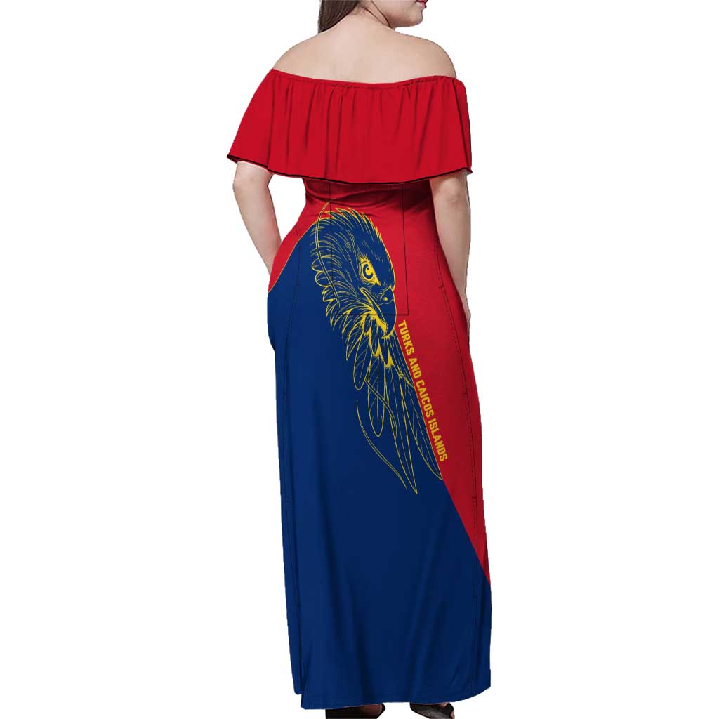 Turks and Caicos Islands Family Matching Off Shoulder Maxi Dress and Hawaiian Shirt with Yellow Hawk Outline and Red Blue Crest Design - Wonder Print Shop