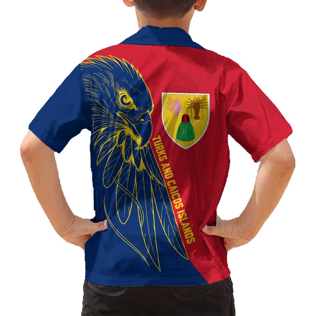 Turks and Caicos Islands Family Matching Off Shoulder Short Dress and Hawaiian Shirt with Yellow Hawk Outline and Red Blue Crest Design - Wonder Print Shop