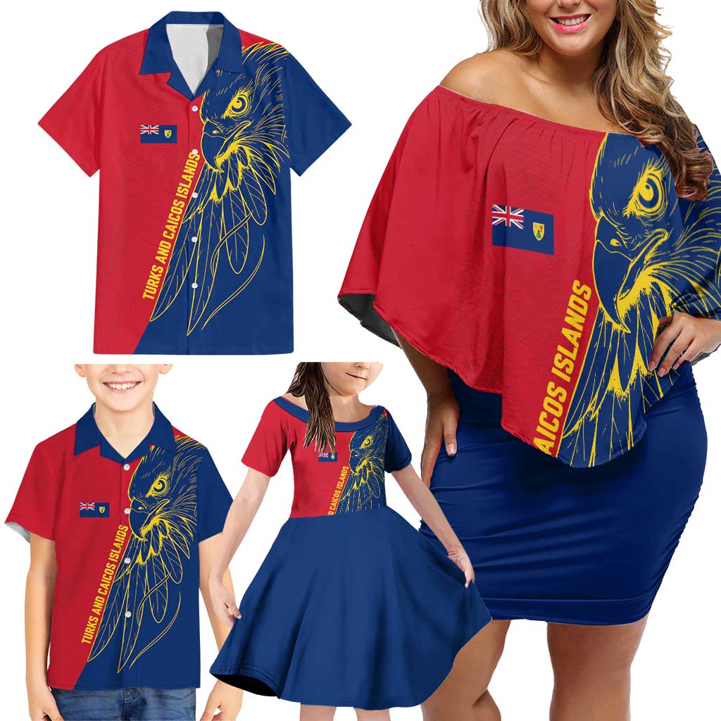 Turks and Caicos Islands Family Matching Off Shoulder Short Dress and Hawaiian Shirt with Yellow Hawk Outline and Red Blue Crest Design - Wonder Print Shop