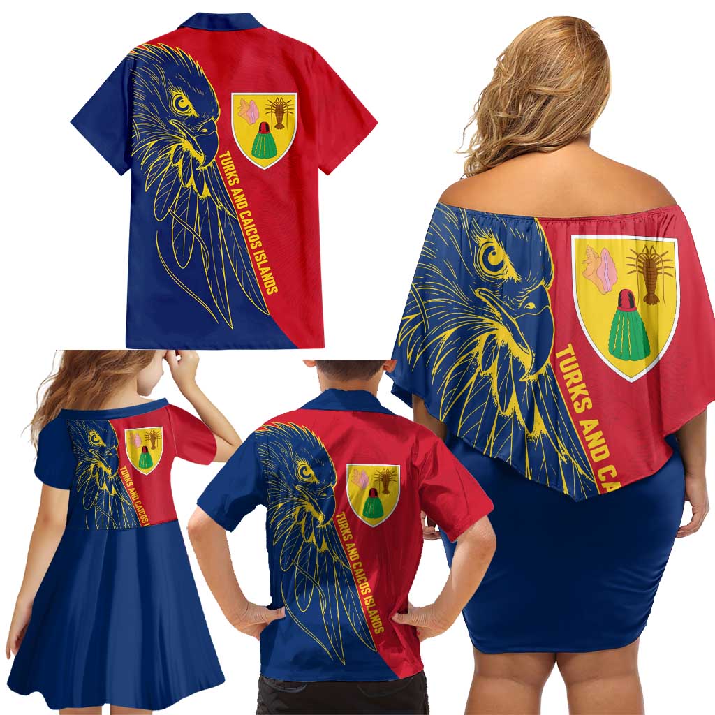 Turks and Caicos Islands Family Matching Off Shoulder Short Dress and Hawaiian Shirt with Yellow Hawk Outline and Red Blue Crest Design - Wonder Print Shop