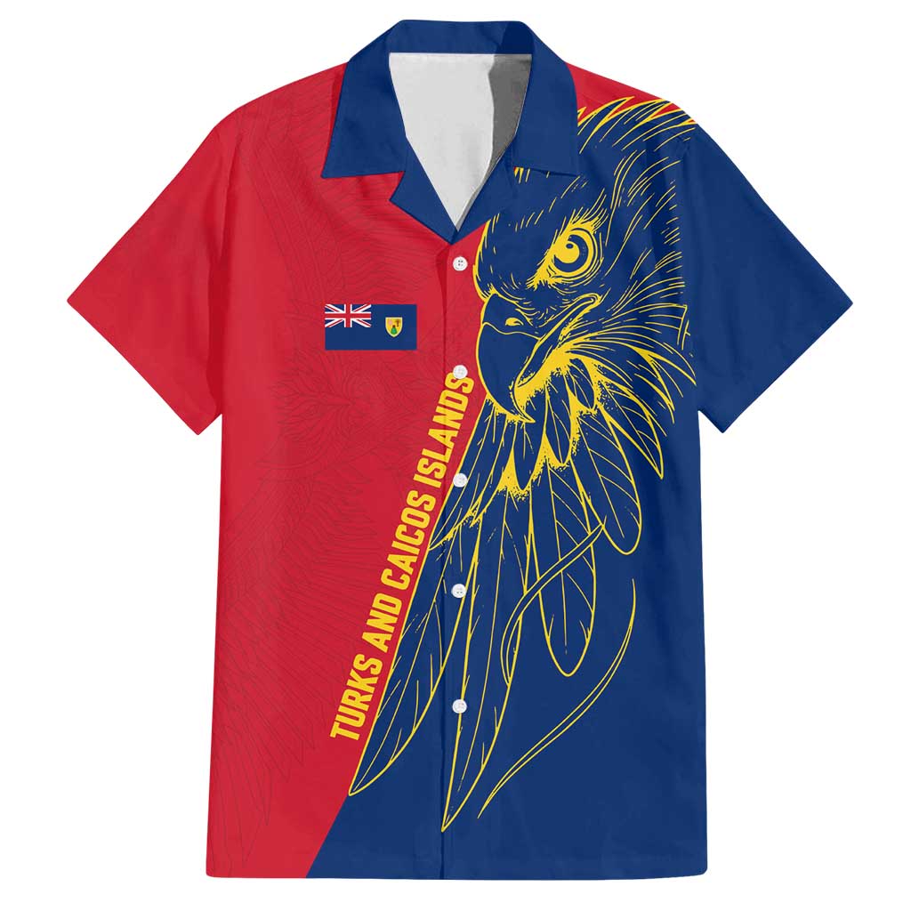 Turks and Caicos Islands Family Matching Off Shoulder Short Dress and Hawaiian Shirt with Yellow Hawk Outline and Red Blue Crest Design - Wonder Print Shop