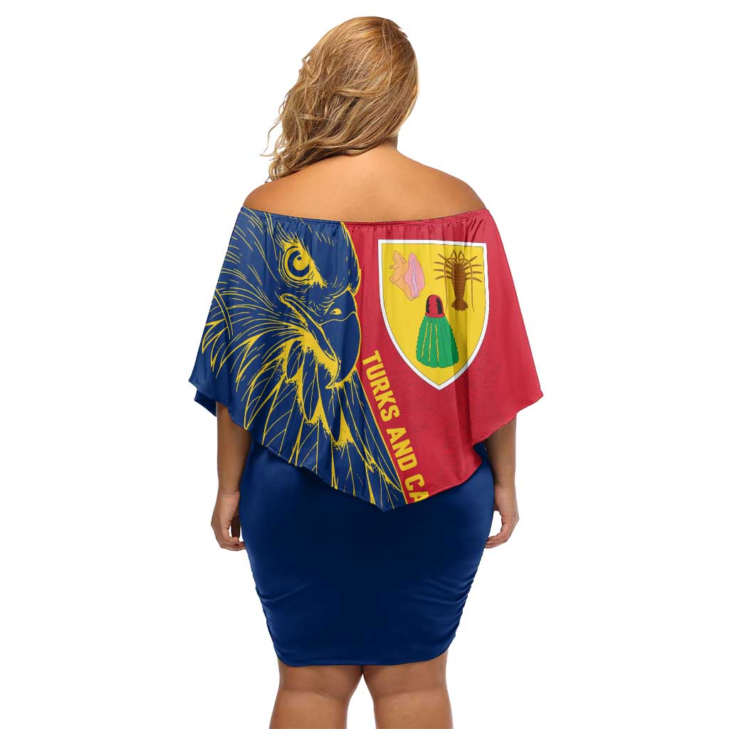 Turks and Caicos Islands Family Matching Off Shoulder Short Dress and Hawaiian Shirt with Yellow Hawk Outline and Red Blue Crest Design - Wonder Print Shop