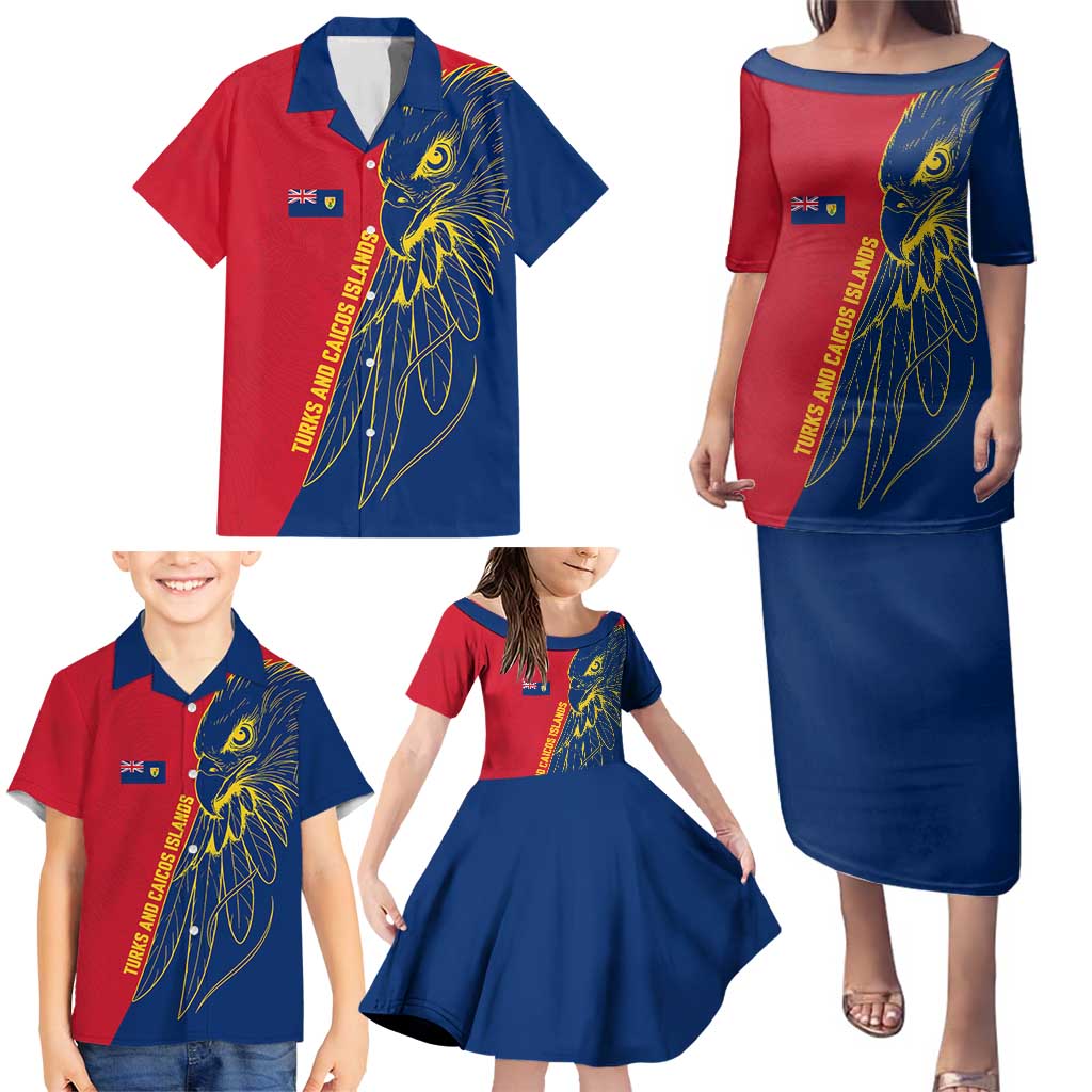 Turks and Caicos Islands Family Matching Puletasi and Hawaiian Shirt with Yellow Hawk Outline and Red Blue Crest Design - Wonder Print Shop