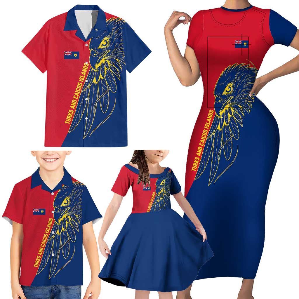 Turks and Caicos Islands Family Matching Short Sleeve Bodycon Dress and Hawaiian Shirt with Yellow Hawk Outline and Red Blue Crest Design - Wonder Print Shop