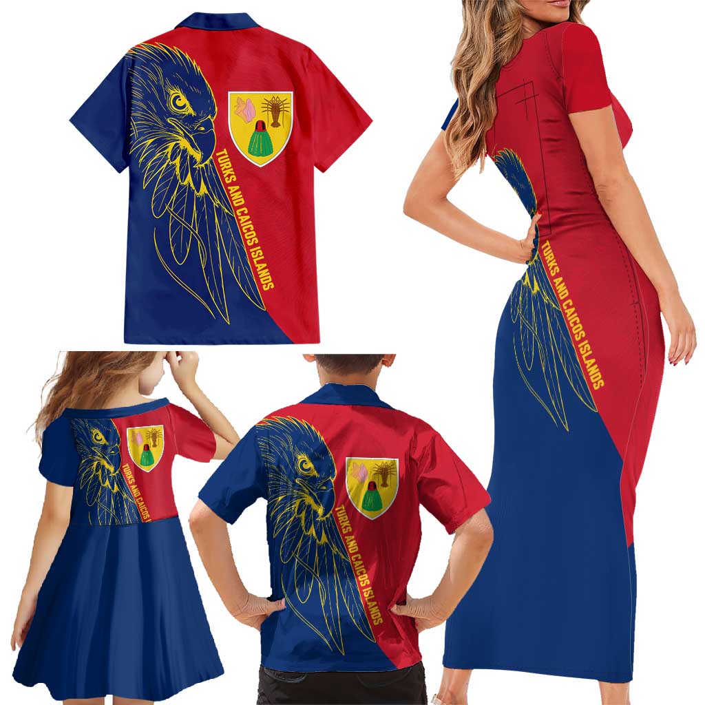 Turks and Caicos Islands Family Matching Short Sleeve Bodycon Dress and Hawaiian Shirt with Yellow Hawk Outline and Red Blue Crest Design - Wonder Print Shop