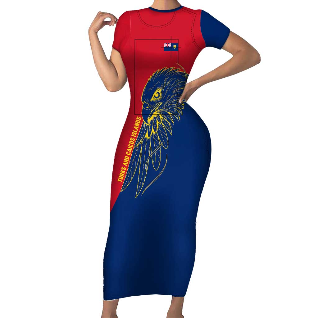 Turks and Caicos Islands Family Matching Short Sleeve Bodycon Dress and Hawaiian Shirt with Yellow Hawk Outline and Red Blue Crest Design - Wonder Print Shop