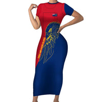Turks and Caicos Islands Family Matching Short Sleeve Bodycon Dress and Hawaiian Shirt with Yellow Hawk Outline and Red Blue Crest Design - Wonder Print Shop