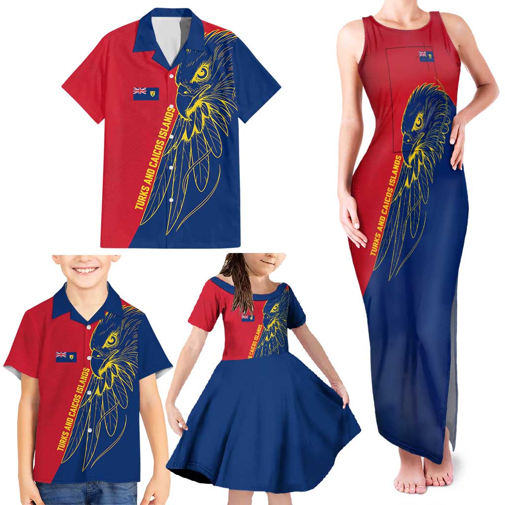 Turks and Caicos Islands Family Matching Tank Maxi Dress and Hawaiian Shirt with Yellow Hawk Outline and Red Blue Crest Design - Wonder Print Shop