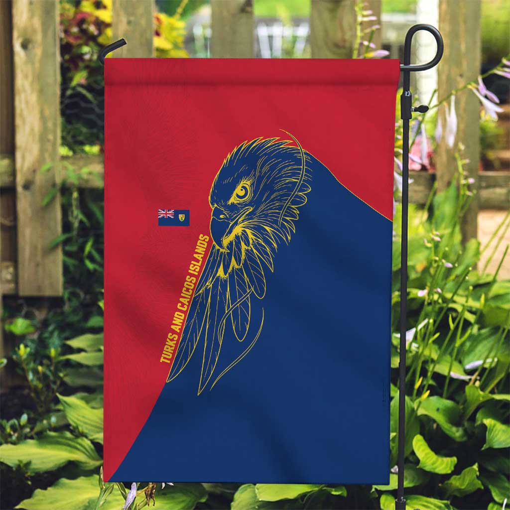 Turks and Caicos Islands Garden Flag with Yellow Hawk Outline and Red Blue Crest Design - Wonder Print Shop