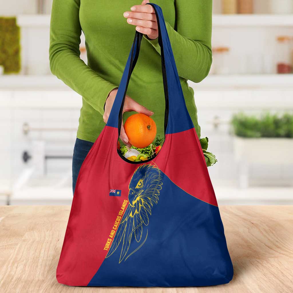 Turks and Caicos Islands Grocery Bag with Yellow Hawk Outline and Red Blue Crest Design - Wonder Print Shop