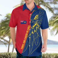 Turks and Caicos Islands Hawaiian Shirt with Yellow Hawk Outline and Red Blue Crest Design - Wonder Print Shop
