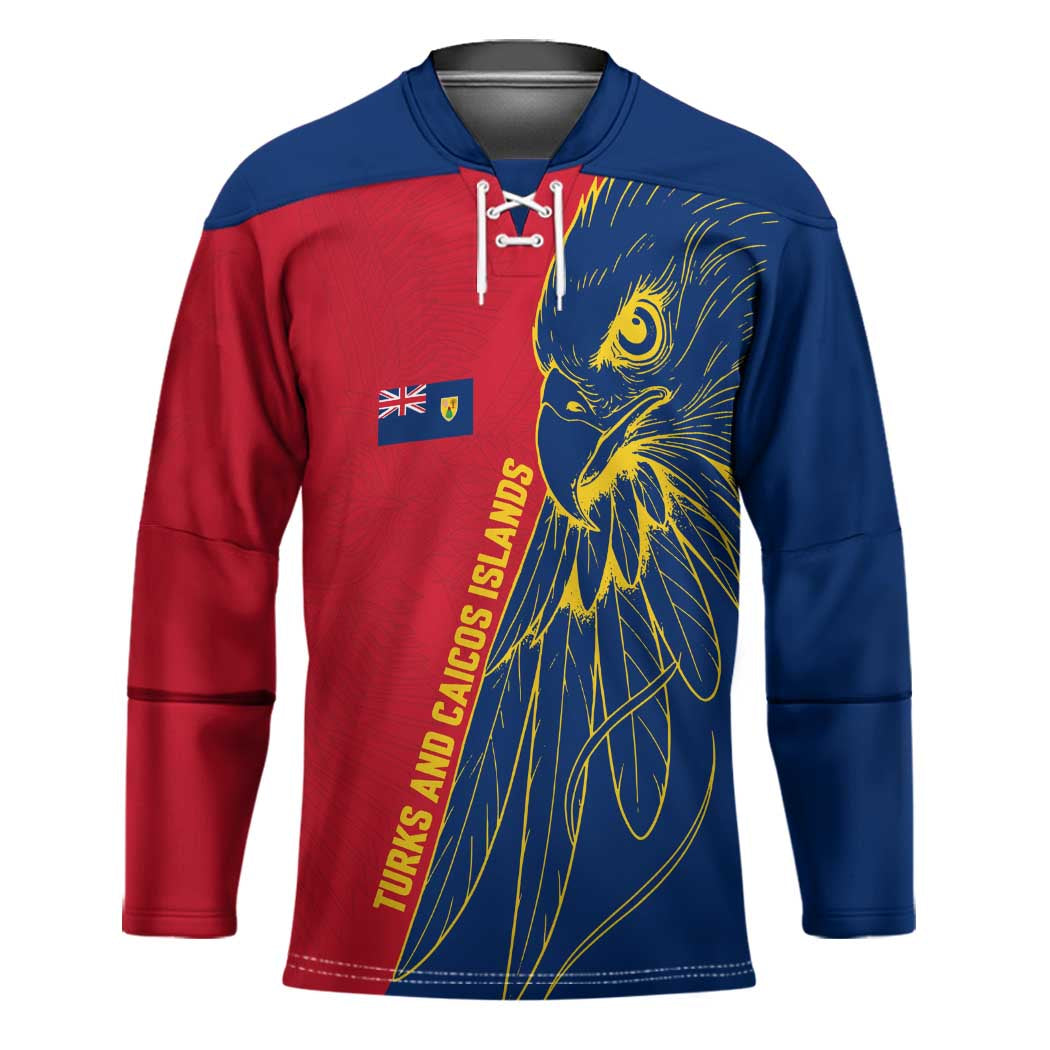 Turks and Caicos Islands Hockey Jersey with Yellow Hawk Outline and Red Blue Crest Design - Wonder Print Shop
