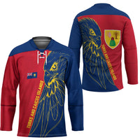 Turks and Caicos Islands Hockey Jersey with Yellow Hawk Outline and Red Blue Crest Design - Wonder Print Shop
