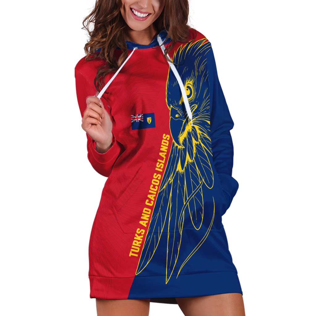 Turks and Caicos Islands Hoodie Dress with Yellow Hawk Outline and Red Blue Crest Design - Wonder Print Shop
