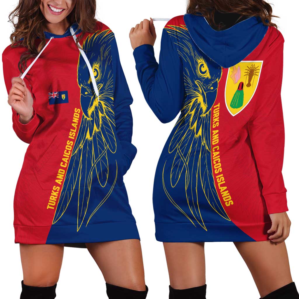 Turks and Caicos Islands Hoodie Dress with Yellow Hawk Outline and Red Blue Crest Design - Wonder Print Shop