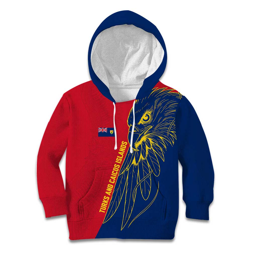 Turks and Caicos Islands Kid Hoodie with Yellow Hawk Outline and Red Blue Crest Design - Wonder Print Shop