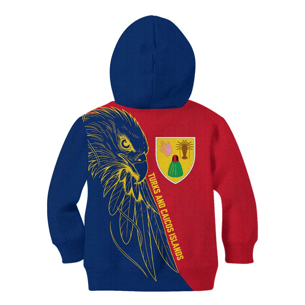 Turks and Caicos Islands Kid Hoodie with Yellow Hawk Outline and Red Blue Crest Design - Wonder Print Shop