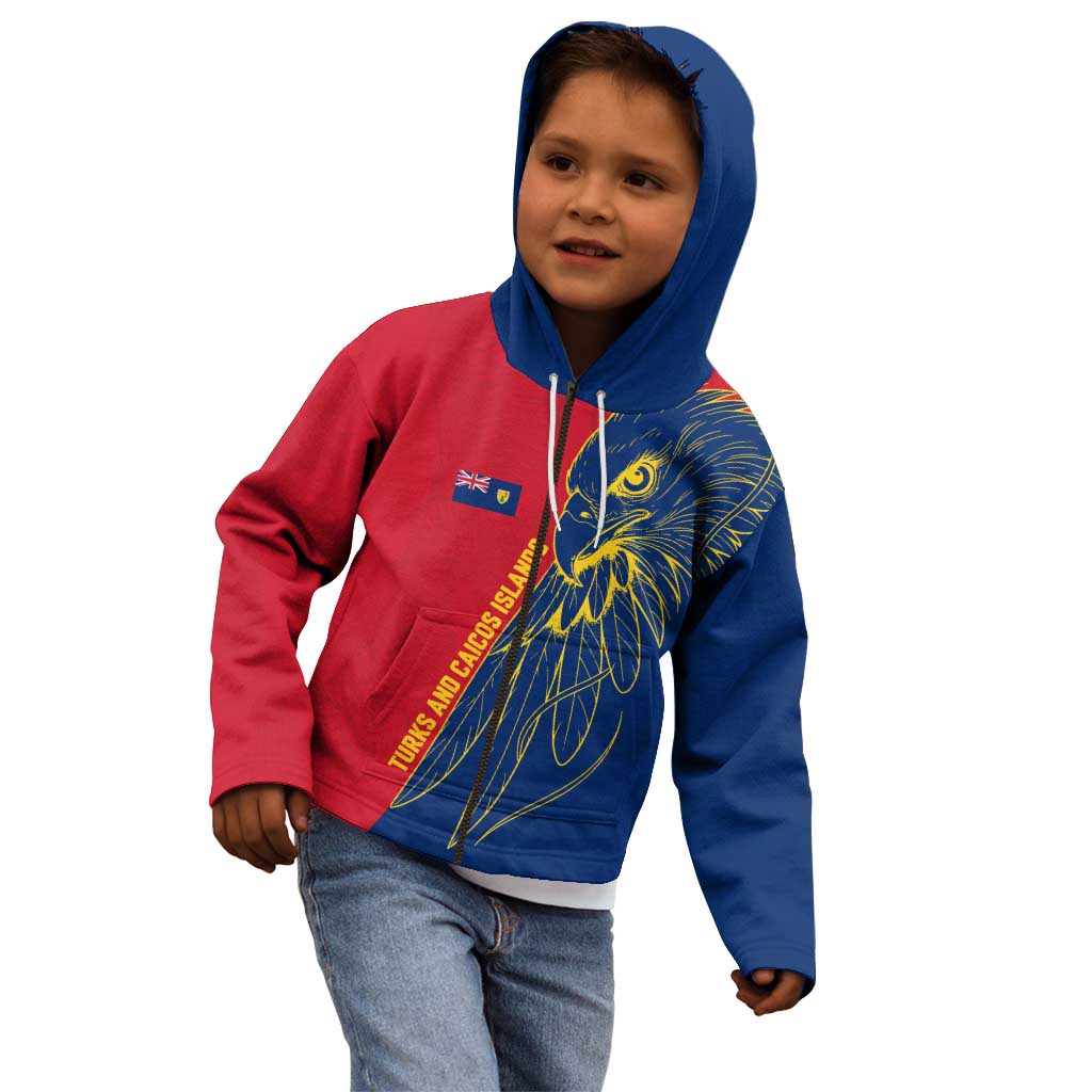Turks and Caicos Islands Kid Hoodie with Yellow Hawk Outline and Red Blue Crest Design - Wonder Print Shop